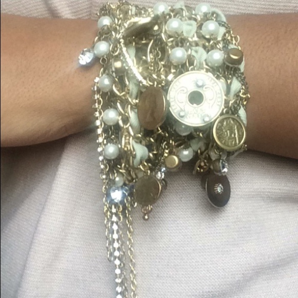 Layered gold tone coin and pearl bracelet